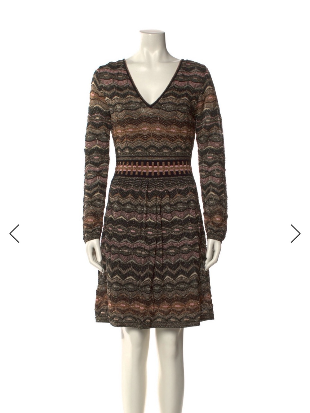 Missoni Multicolor Chevron Knit V-Neck Dress - Brown, Pink, Black